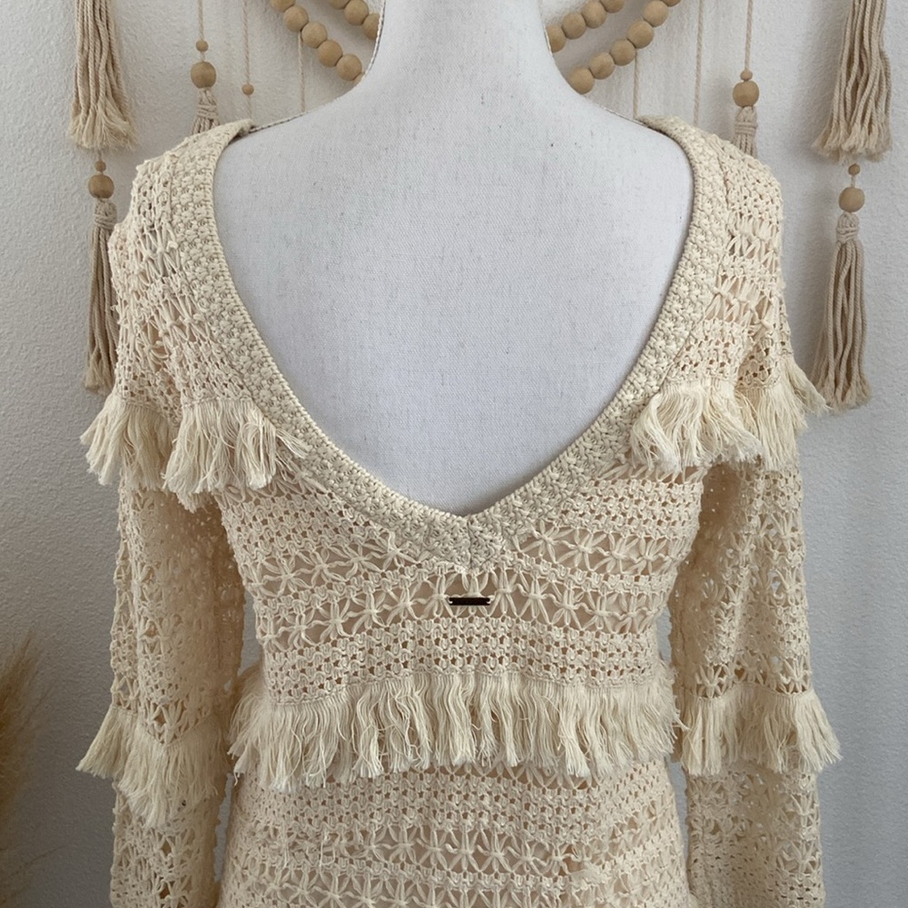 Volcom cream crochet mini dress tiered fringe low back cocoknit vacation medium - Picture 13 of 16
